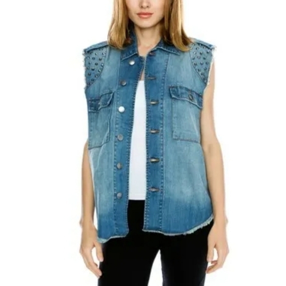 Mono B Distressed Studded Denim Vest Heavy Metal Rocker Chic One Size - Picture 4 of 11